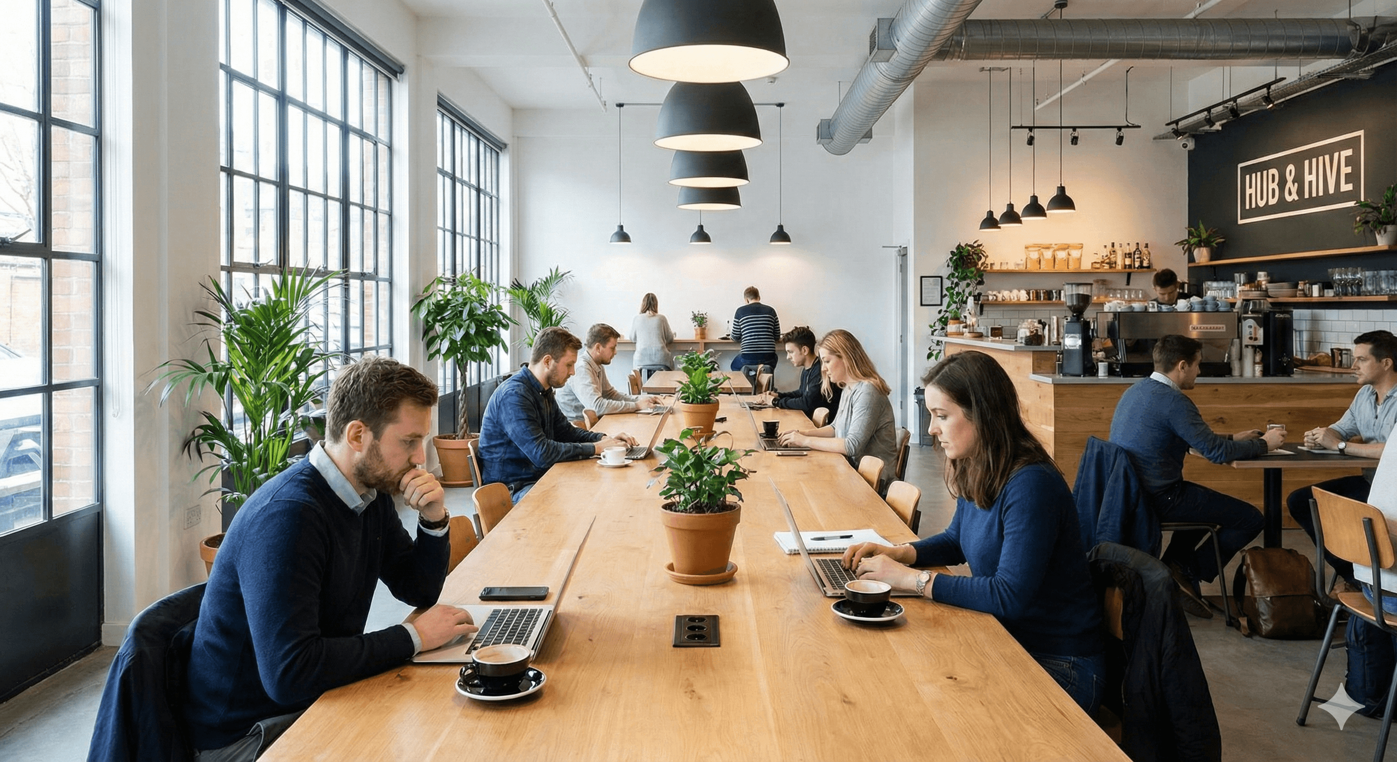 Modern coworking space with professionals collaborating