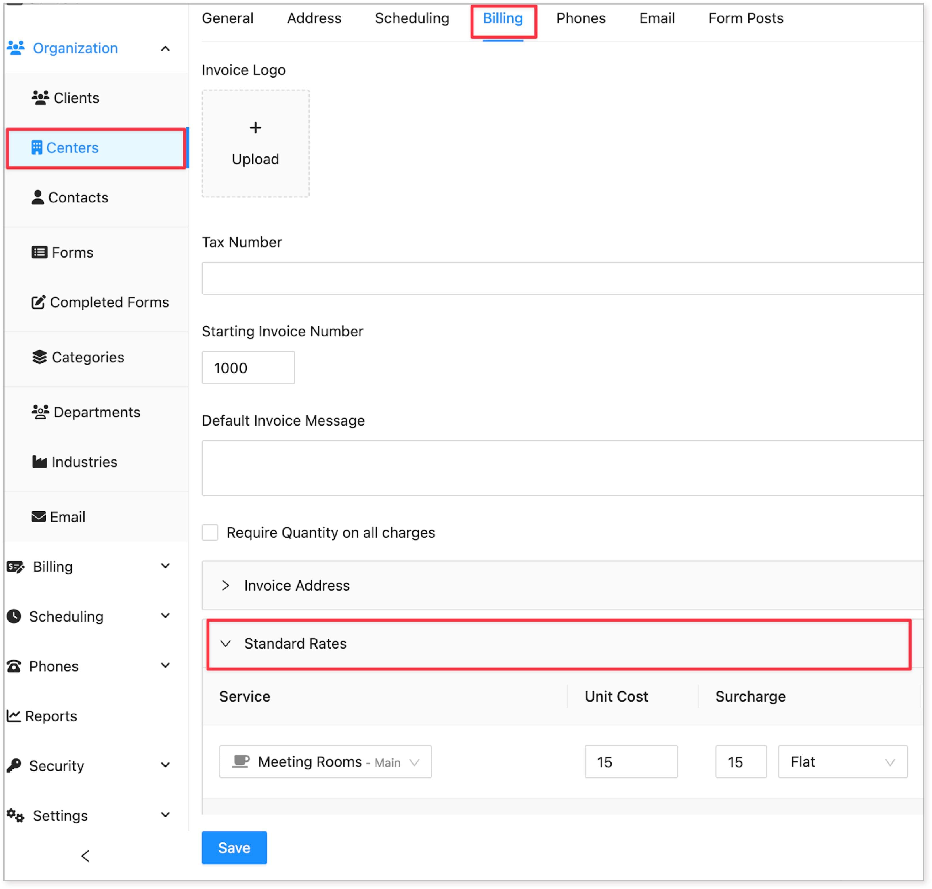 hostedsuite article-34-how-to-set-standard-rates-of-a-center image-001